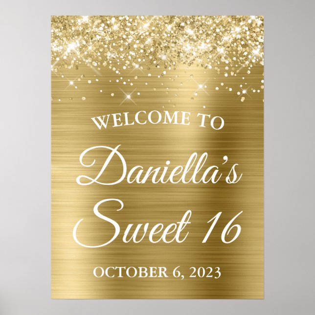 Sparkly Glittery Pale Gold Foil Sweet 16 Welcome Poster (Front)