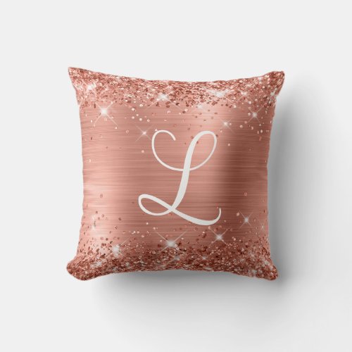 Sparkly Glittery Peach Foil Glam Monogram Throw Pillow