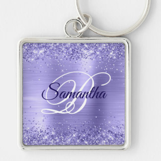 Sparkly Glittery Periwinkle Foil Fancy Monogram Keychain