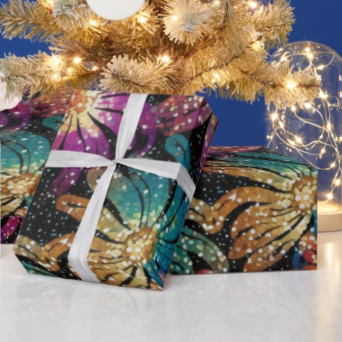 Sparkly Glittery Purple Blue and Gold Florals Wrapping Paper