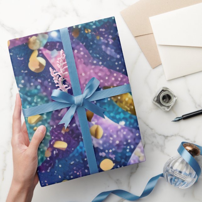 Sparkly Glittery Purple Blue and Gold Leaves Wrapping Paper (Gifting)