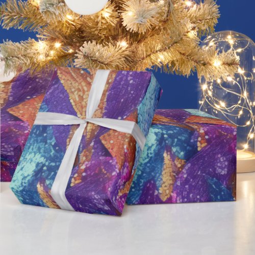 Sparkly Glittery Purple Blue and Gold Leaves Wrapping Paper