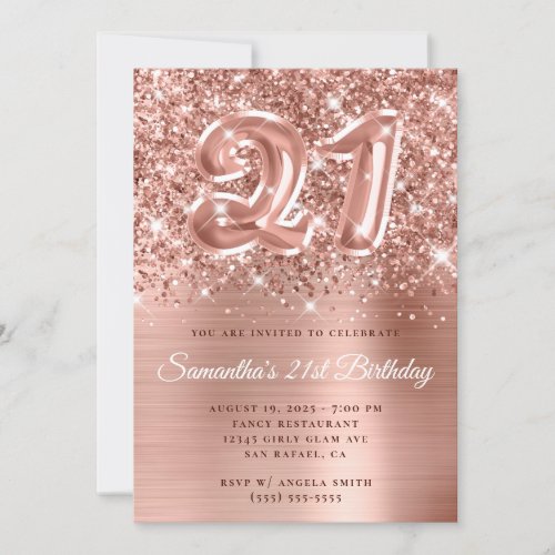 Sparkly Glittery Rose Gold Balloon 21st Birthday Invitation