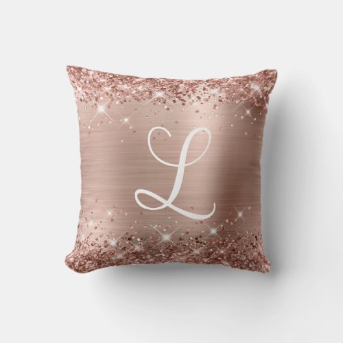 Sparkly Glittery Rose Gold Foil Glam Monogram Throw Pillow