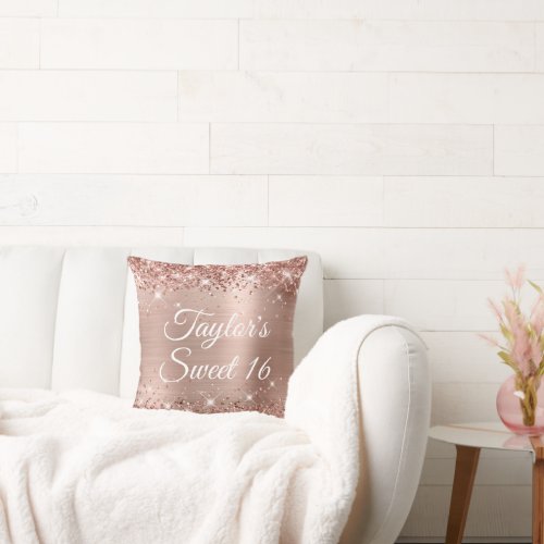 Sparkly Glittery Rose Gold Foil Glam Sweet 16 Throw Pillow