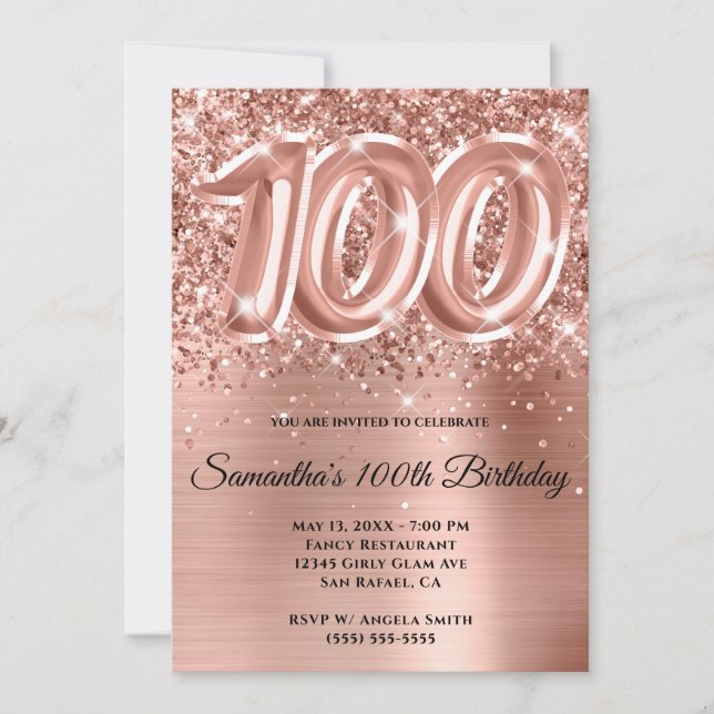 Sparkly Glittery Rose Gold Glam 100th Birthday Invitation (Front)