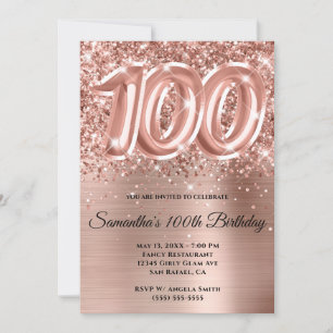 Sparkly Glittery Rose Gold Glam 100th Birthday Invitation