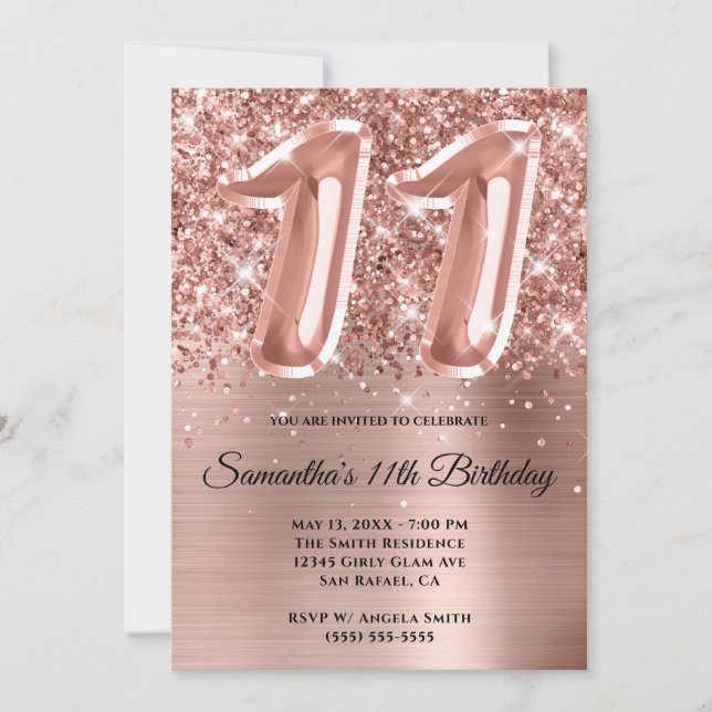 Sparkly Glittery Rose Gold Glam 11th Birthday Invitation (Front)