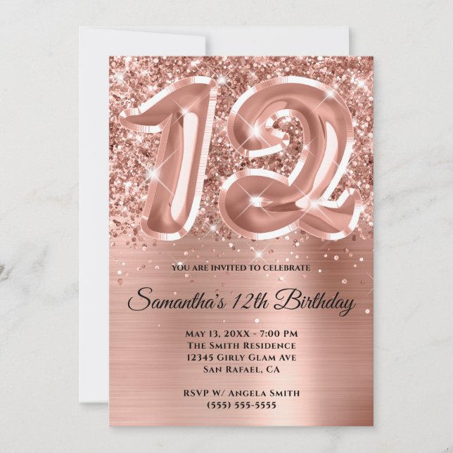 Sparkly Glittery Rose Gold Glam 12th Birthday Invitation (Front)