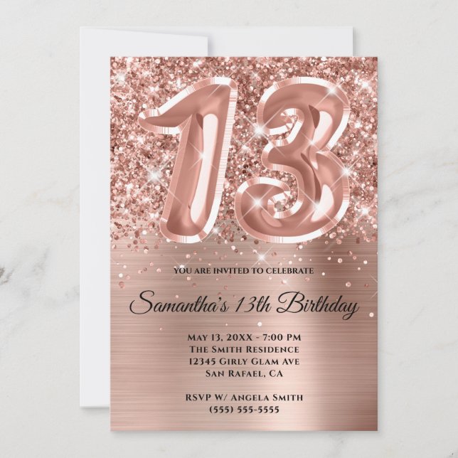 Sparkly Glittery Rose Gold Glam 13th Birthday Invitation (Front)