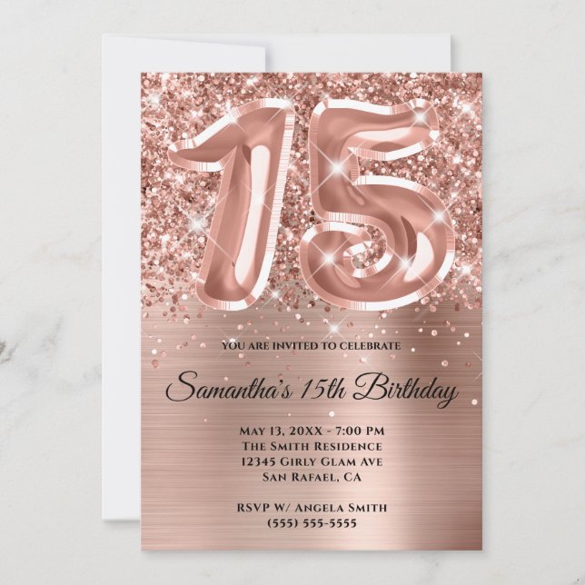 Sparkly Glittery Rose Gold Glam 15th Birthday Invitation (Front)