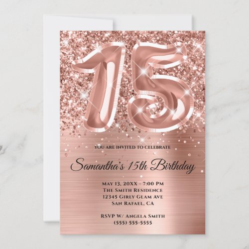 Sparkly Glittery Rose Gold Glam 15th Birthday Invitation