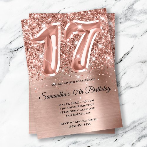 Sparkly Glittery Rose Gold Glam 17th Birthday Invitation
