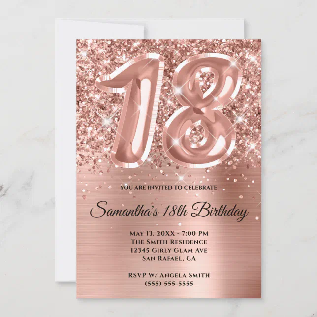 Sparkly Glittery Rose Gold Glam 18th Birthday Invitation | Zazzle