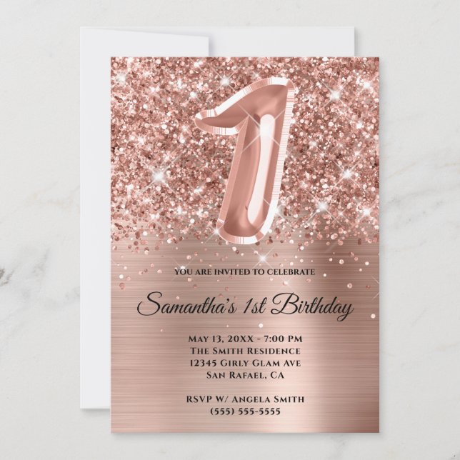 Sparkly Glittery Rose Gold Glam 1st Birthday Invitation (Front)