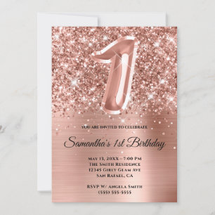Sparkly Glittery Rose Gold Glam 1st Birthday Invitation