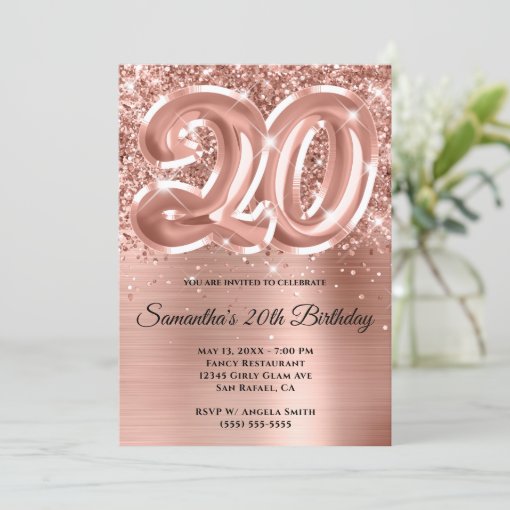 Sparkly Glittery Rose Gold Glam 20th Birthday Invitation | Zazzle