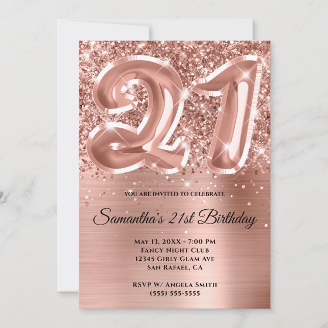 Sparkly Glittery Rose Gold Glam 21st Birthday Invitation (Front)