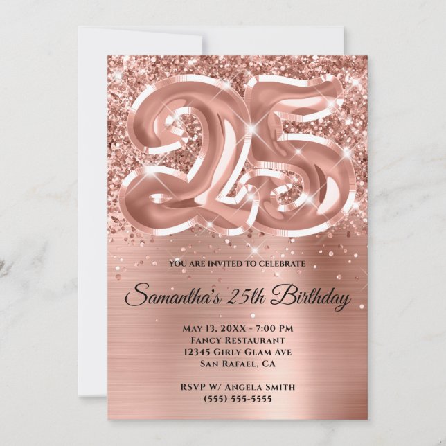 Sparkly Glittery Rose Gold Glam 25th Birthday Invitation (Front)