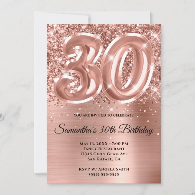 Sparkly Glittery Rose Gold Glam 30th Birthday Invitation (Front)