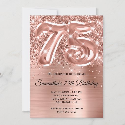 Sparkly Glittery Rose Gold Glam 75th Birthday Invitation | Zazzle