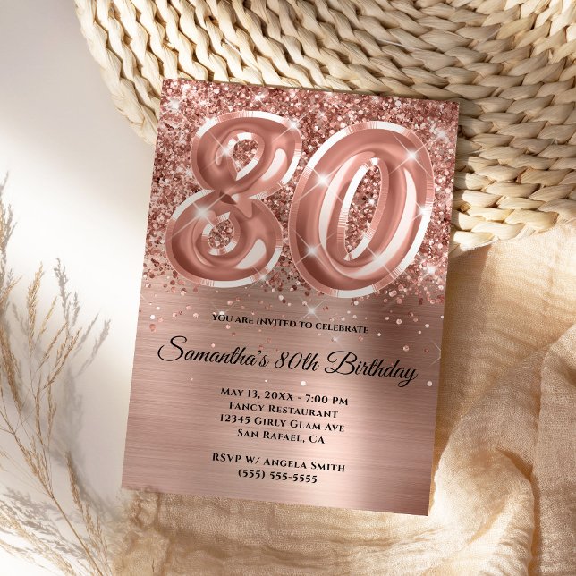 Sparkly Glittery Rose Gold Glam 80th Birthday Invitation (Rose Gold Glam 80th Milestone Celebration Invite)