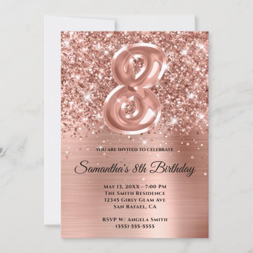 Sparkly Glittery Rose Gold Glam 8th Birthday Invitation
