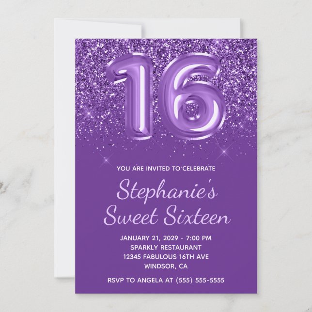 Sparkly Glittery Royal Purple Number 16 Birthday Invitation (Front)