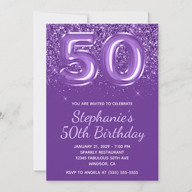 Sparkly Glittery Royal Purple Number 50 Birthday Invitation (Front)