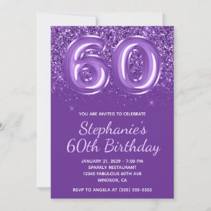 Sparkly Glittery Royal Purple Number 60 Birthday Invitation