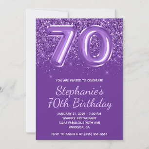 Sparkly Glittery Royal Purple Number 70 Birthday Invitation