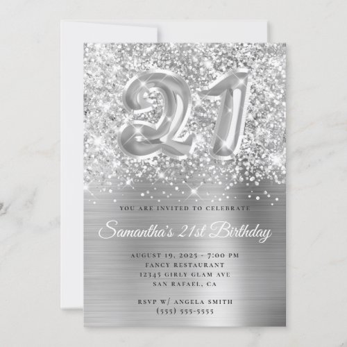 Sparkly Glittery Silver Balloon 21st Birthday Invitation
