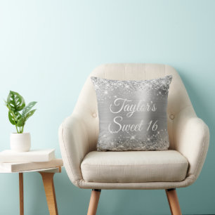 Sparkly Glittery Silver Foil Glam Sweet 16 Throw Pillow
