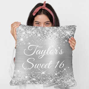 Sparkly Glittery Silver Foil Glam Sweet 16 Throw Pillow