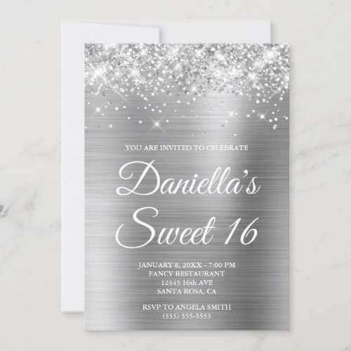 Sparkly Glittery Silver Foil Sweet 16 Invitation