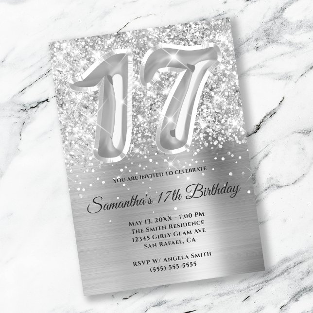 Sparkly Glittery Silver Glam 17th Birthday Invitation