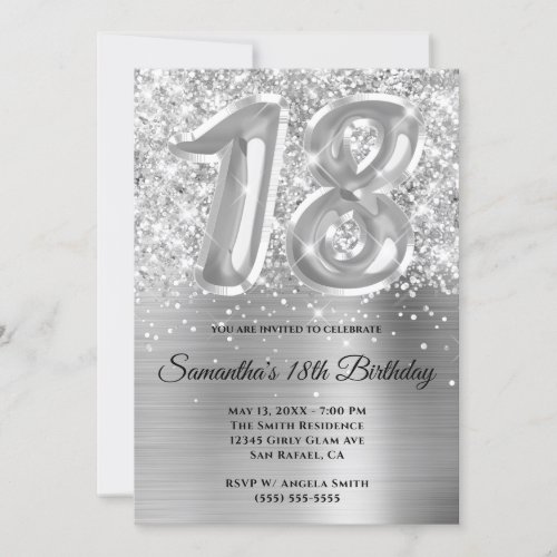 Sparkly Glittery Silver Glam 18th Birthday Invitation