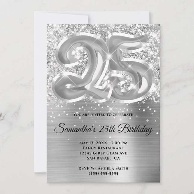 Sparkly Glittery Silver Glam 25th Birthday Invitation (Front)
