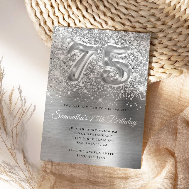 Sparkly Glittery Silver Glam 75th Birthday Invitation (Create your own silvery 75th milestone birthday invite.)