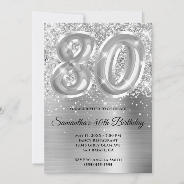 Sparkly Glittery Silver Glam 80th Birthday Invitation (Front)