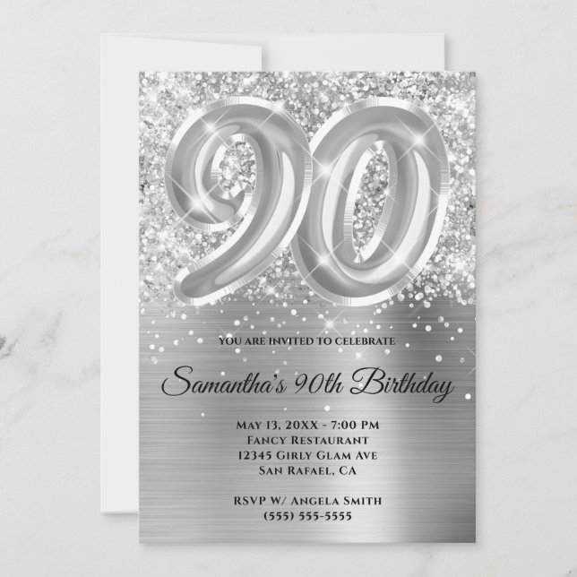 Sparkly Glittery Silver Glam 90th Birthday Invitation (Front)
