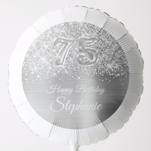 Sparkly Glittery Silver Glam Happy 75th Birthday Balloon (Front)