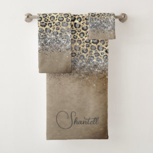 Sparkly Glittery Silver Leopard Personalized Bath Towel Set
