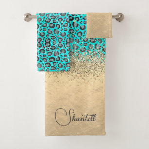 Sparkly Glittery Silver Leopard Personalized Bath Towel Set
