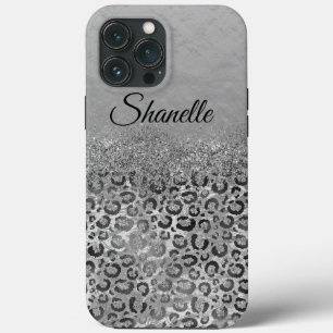 Sparkly Glittery Silver Leopard Personalized iPhone 13 Pro Max Case
