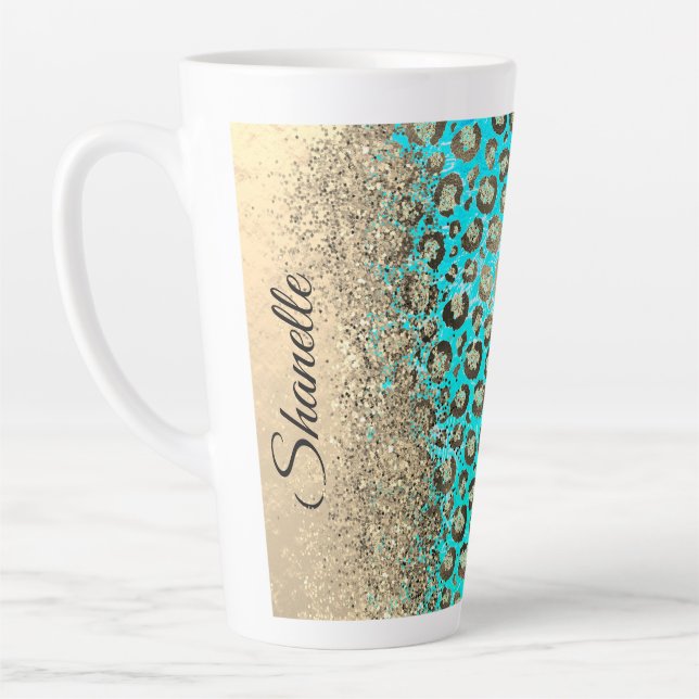 Sparkly Glittery Turquoise Leopard    Latte Mug (Left)