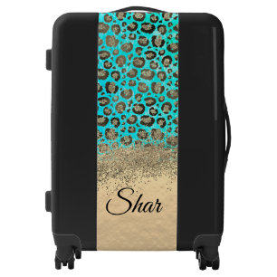 Sparkly Glittery Turquoise Leopard Luggage