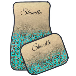 Sparkly Glittery Turquoise Leopard  Personalized Car Floor Mat