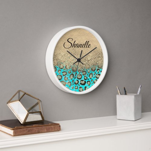 Sparkly Glittery Turquoise Leopard  Personalized Clock