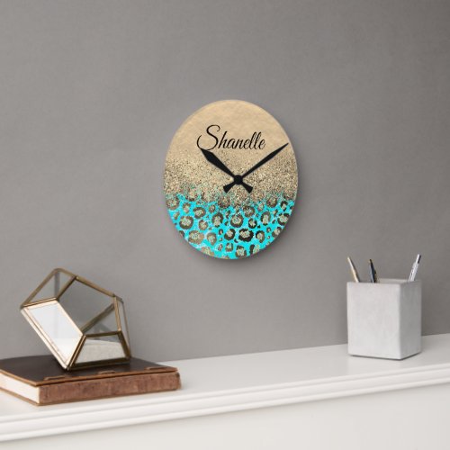 Sparkly Glittery Turquoise Leopard  Personalized Round Clock
